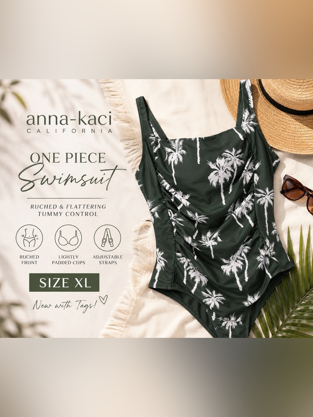 Anna-Kaci XL One Piece Swimsuit Green Palm Tree Print Ruched Tummy Control NWT